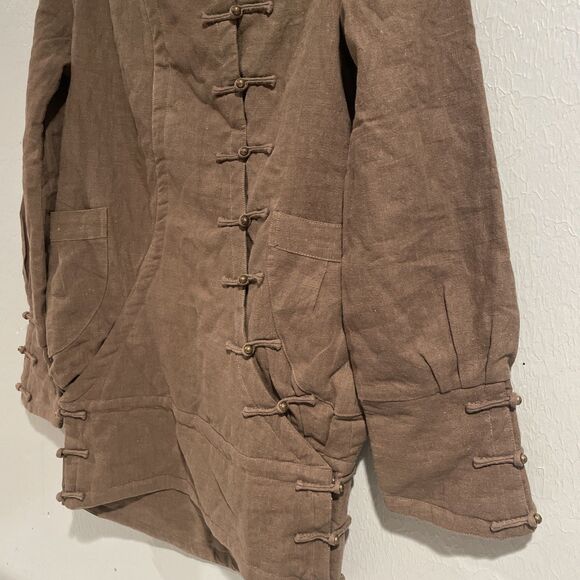 Unique Tan Linen Jacket Coat Asymetric Frog Closure Lagenlook Vintage M/L - Picture 7 of 12